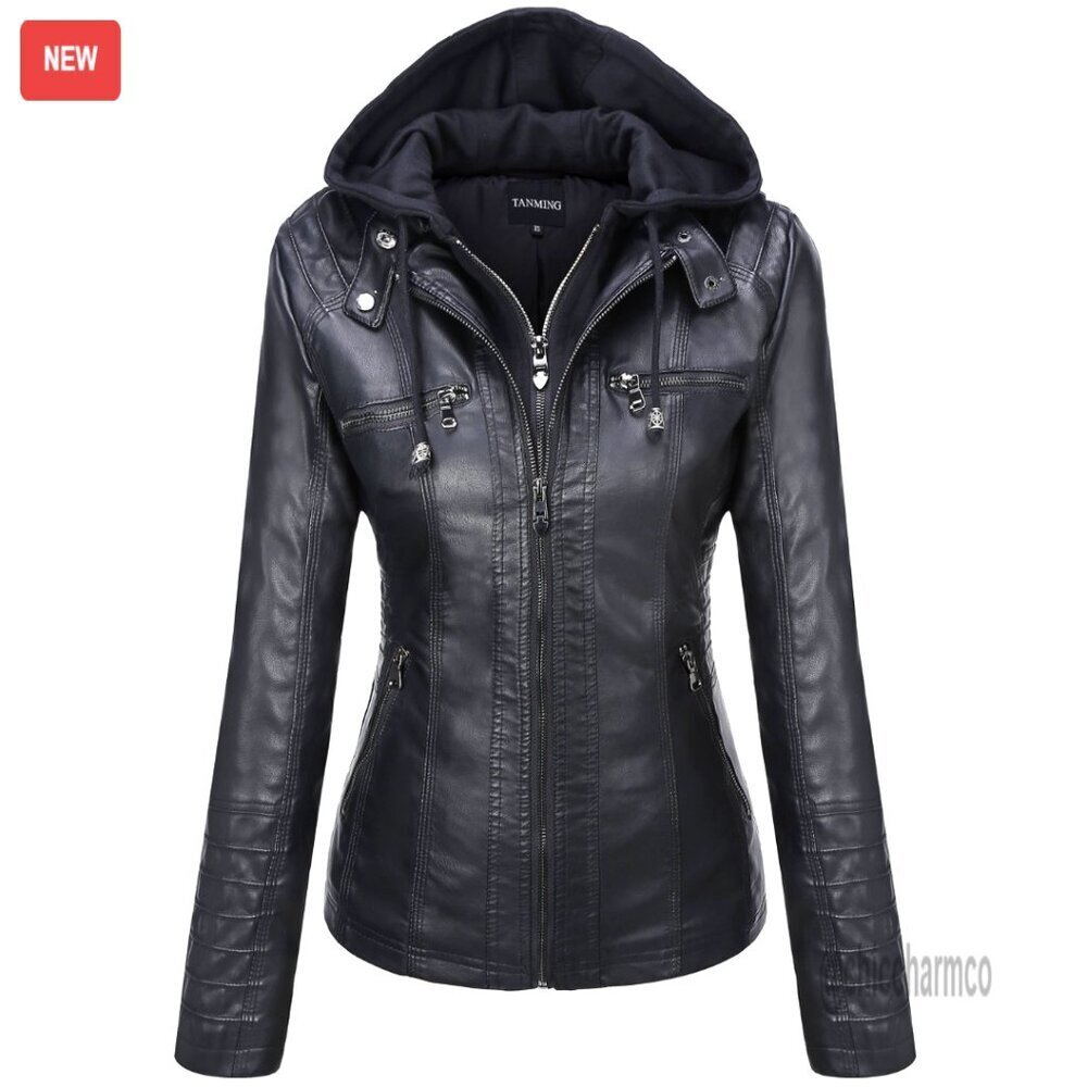 Faux Leather Moto Jacket with Hood, Rivets, Zippers, Slim Fit